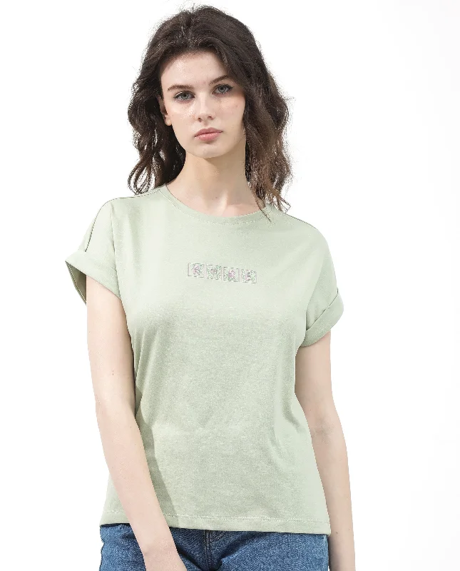 Rareism Women'S Alexy Pastel Green Cotton Poly Fabric Short Sleeve Crew Neck Solid T-Shirt