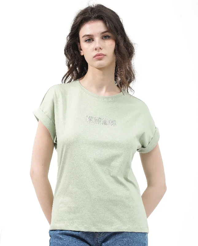 Rareism Women'S Alexy Pastel Green Cotton Poly Fabric Short Sleeve Crew Neck Solid T-Shirt