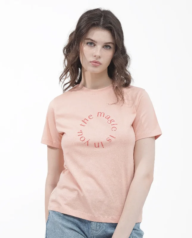 Rareism Women'S Karlie Light Peach Cotton Poly Fabric Short Sleeve Crew Neck Solid T-Shirt