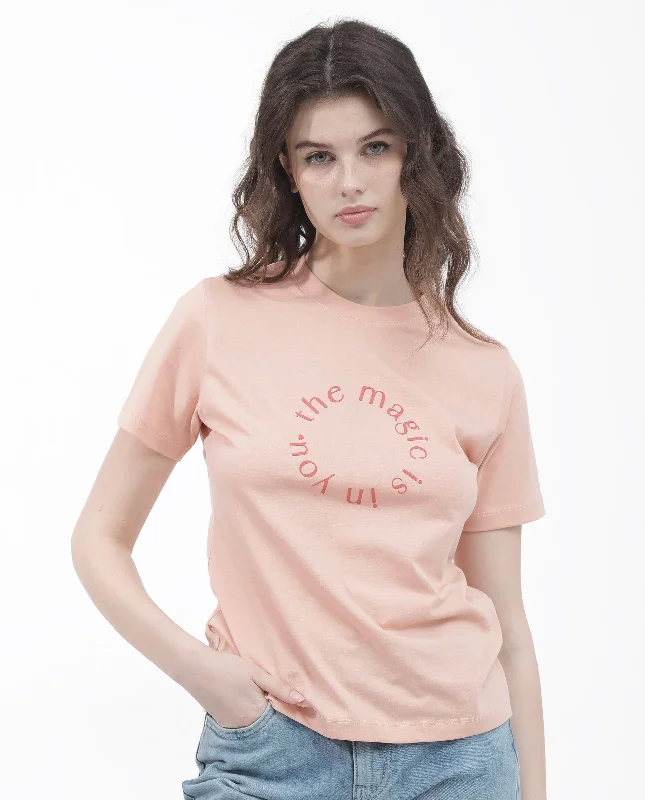 Rareism Women'S Karlie Light Peach Cotton Poly Fabric Short Sleeve Crew Neck Solid T-Shirt