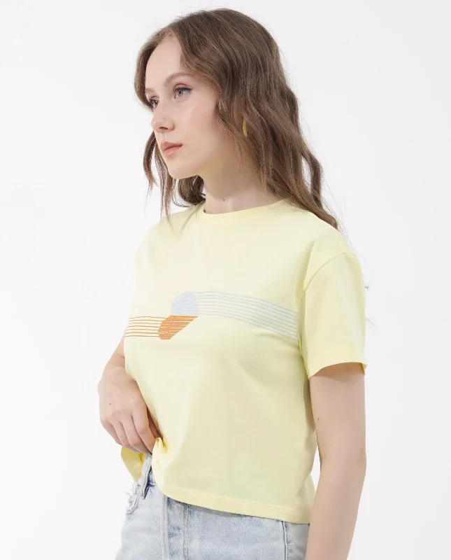 Rareism Women'S Kuncro Yellow Cotton Elastane Fabric Crew Neck Knit Solid T-Shirt