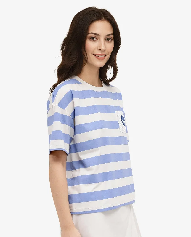 Rareism Women'S Prandant Blue Cotton Elastane Fabric Crew Neck Knit Stripe T-Shirt