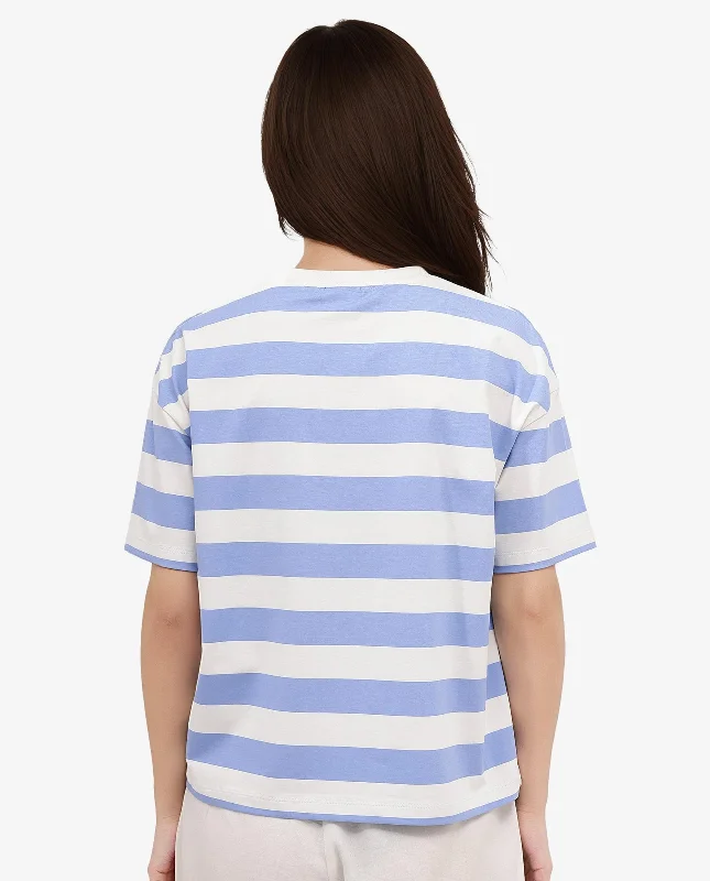 Rareism Women'S Prandant Blue Cotton Elastane Fabric Crew Neck Knit Stripe T-Shirt