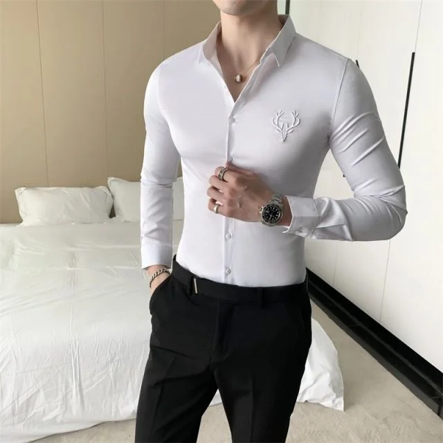 Solid Simple Mens Casual Shirt Slim Fit Business Formal Wear Deer Head Embroidery Shirt Men Brand New 2024 Long Sleeve Men Shirt