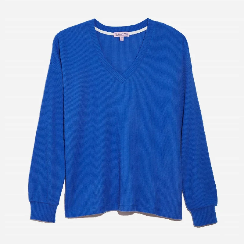 Waffle Knit Long Sleeve Lounge Top In Royal Blue