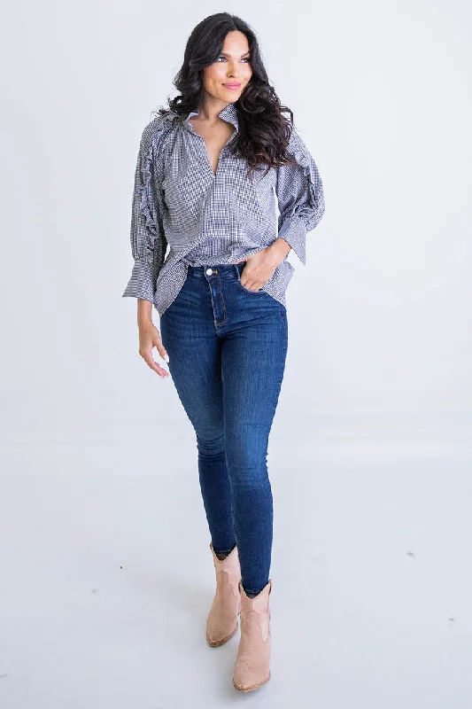 Check Ruffle Sleeve Vneck Top