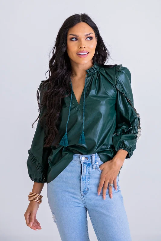 Hunter Green Pleather Ruffle Top