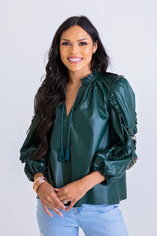 Hunter Green Pleather Ruffle Top