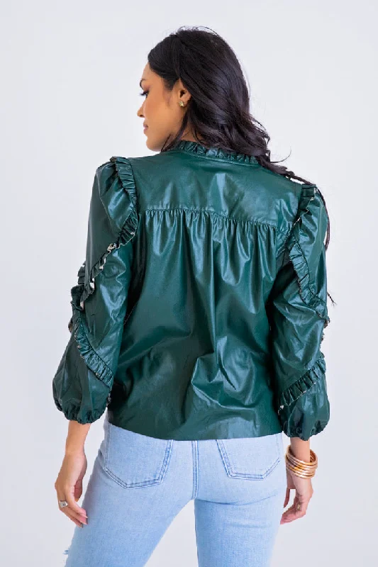 Hunter Green Pleather Ruffle Top