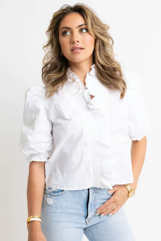 Poplin Puff Sleeve Ruffle Top