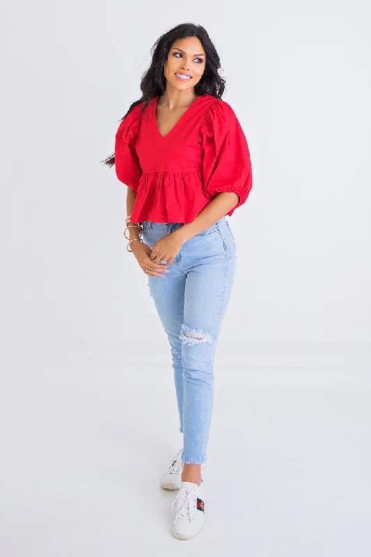 Vneck Poplin Puff Sleeve Top