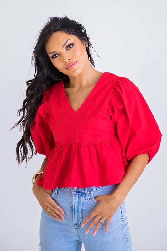 Vneck Poplin Puff Sleeve Top