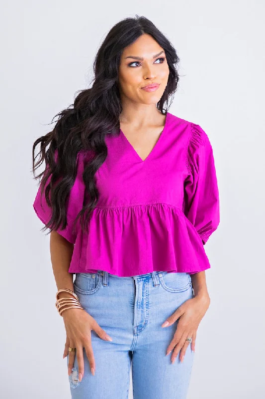 Vneck Poplin Puff Sleeve Top