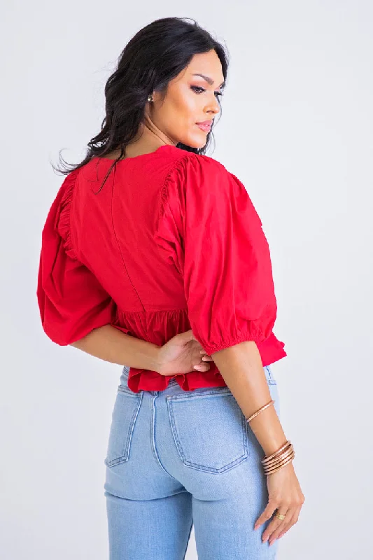 Vneck Poplin Puff Sleeve Top