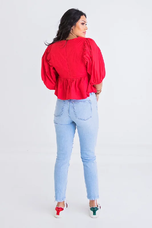 Vneck Poplin Puff Sleeve Top