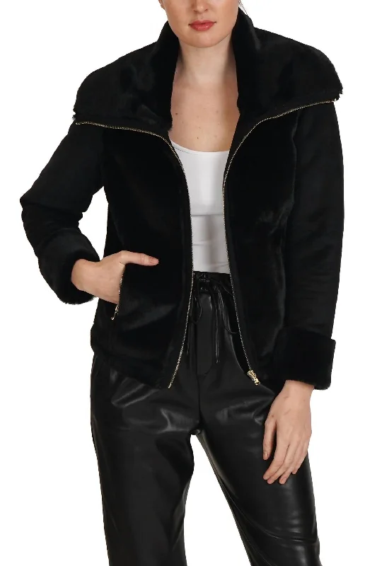 Eliza Faux Suede/fur Zippered Jacket In Black