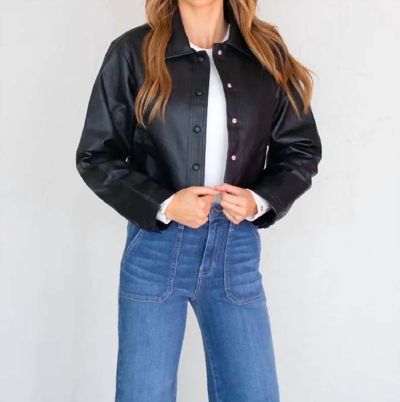 Evolving Vegan Leather Crop Shacket In Black