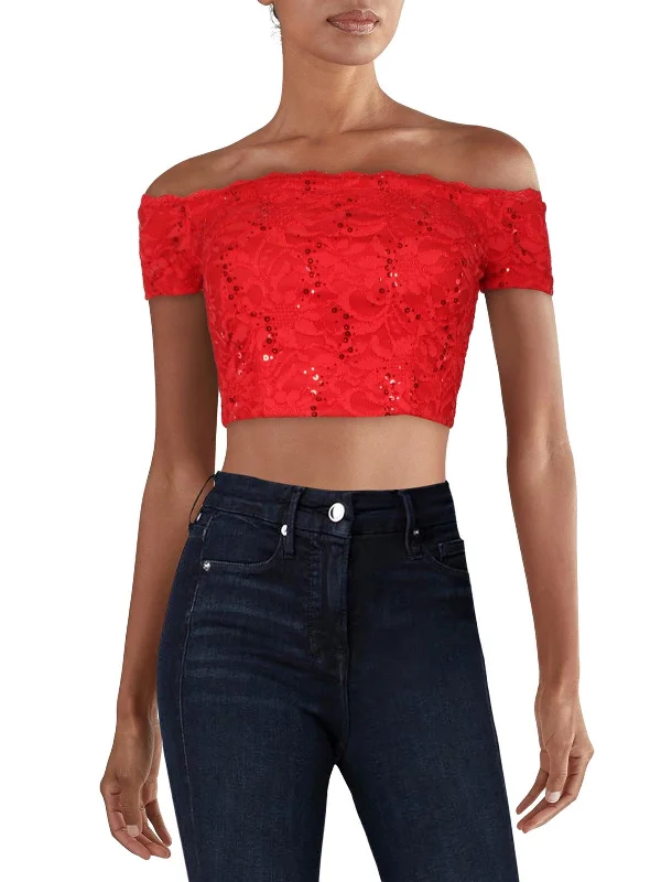 Juniors Womens Lace Sequined Cropped