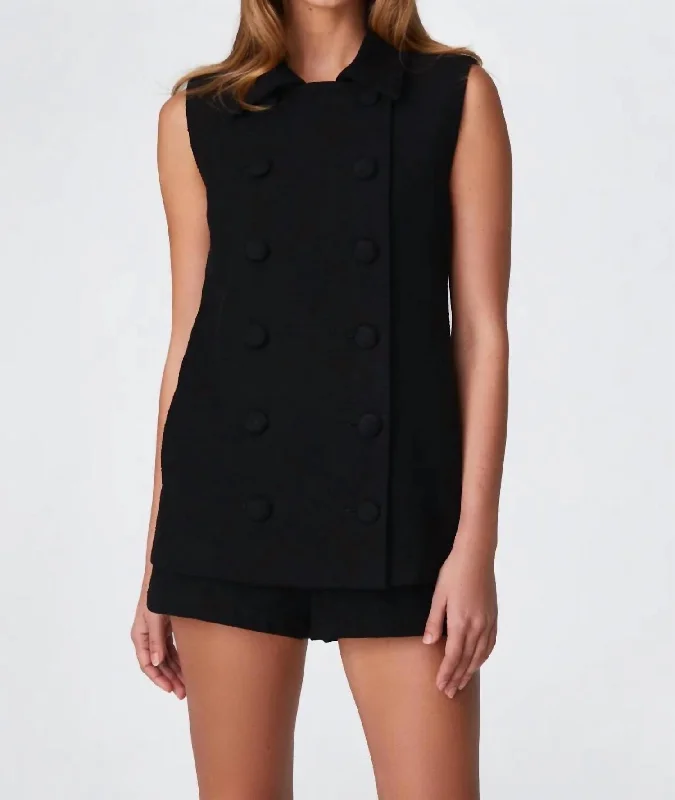 The Double Breasted Sleeveless Jacket In Black Textured Cotton