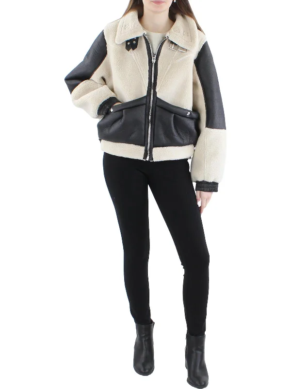 Womens Faux Leather Long Sleeves Bomber Jacket