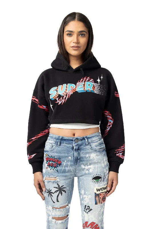 Drop Shoulder Cropped Hoodie - Black