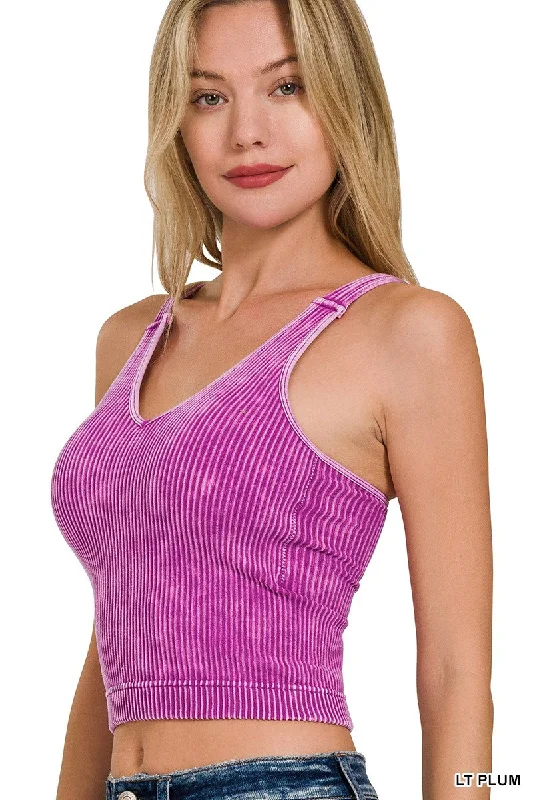 Washed Ribbed V-Neck Cropped Tank Top