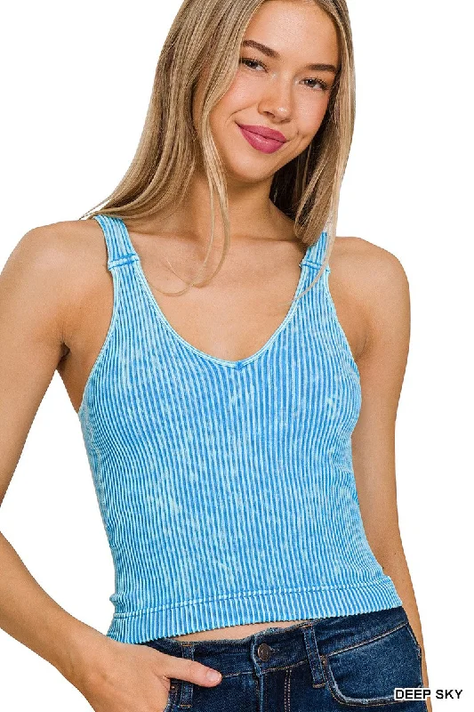 Washed Ribbed V-Neck Cropped Tank Top