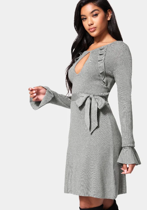 Bell Sleeve Belted Sweater Dress