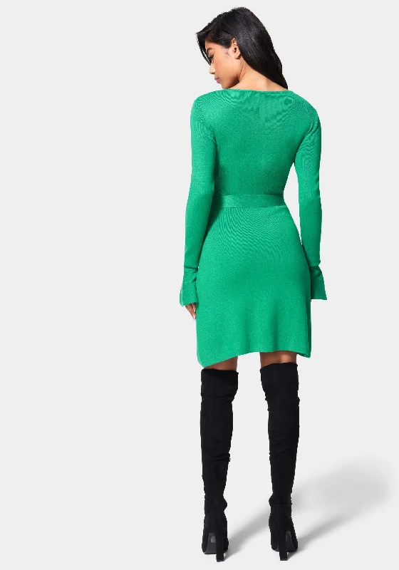 Bell Sleeve Belted Sweater Dress