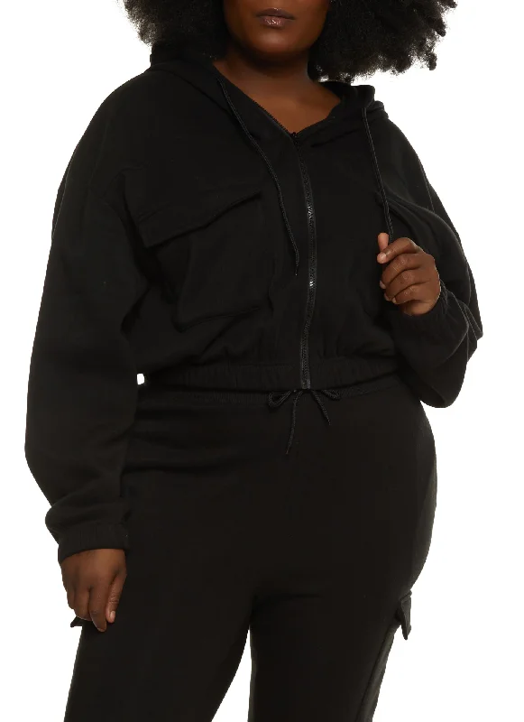 Plus Size Cargo Pocket Zip Front Hoodie