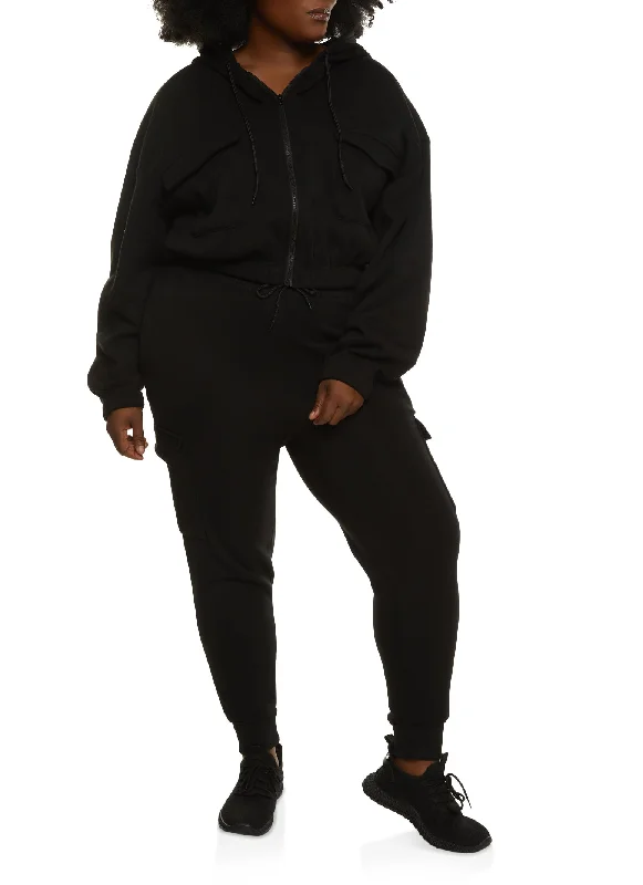 Plus Size Cargo Pocket Zip Front Hoodie