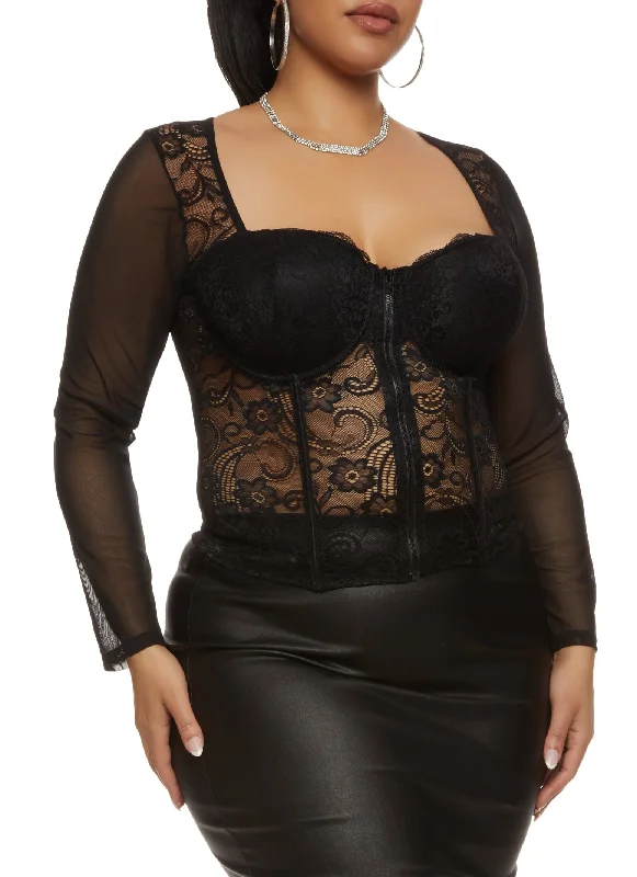 Plus Size Floral Lace Long Sleeve Corset Top