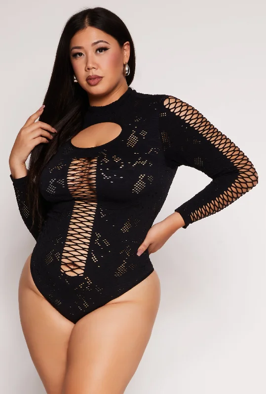 Plus Size Keyhole Fishnet Detail Long Sleeve Bodysuit