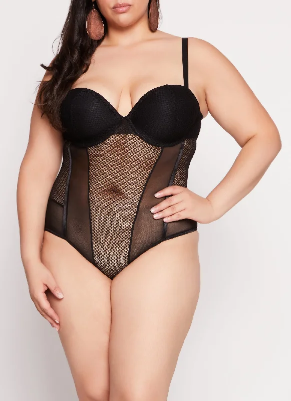 Plus Size Patterned Lace Detail Bustier Bodysuit