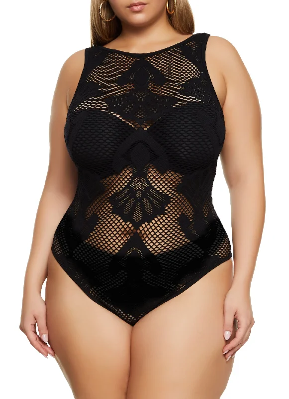 Plus Size Seamless Fishnet Patterned Bodysuit