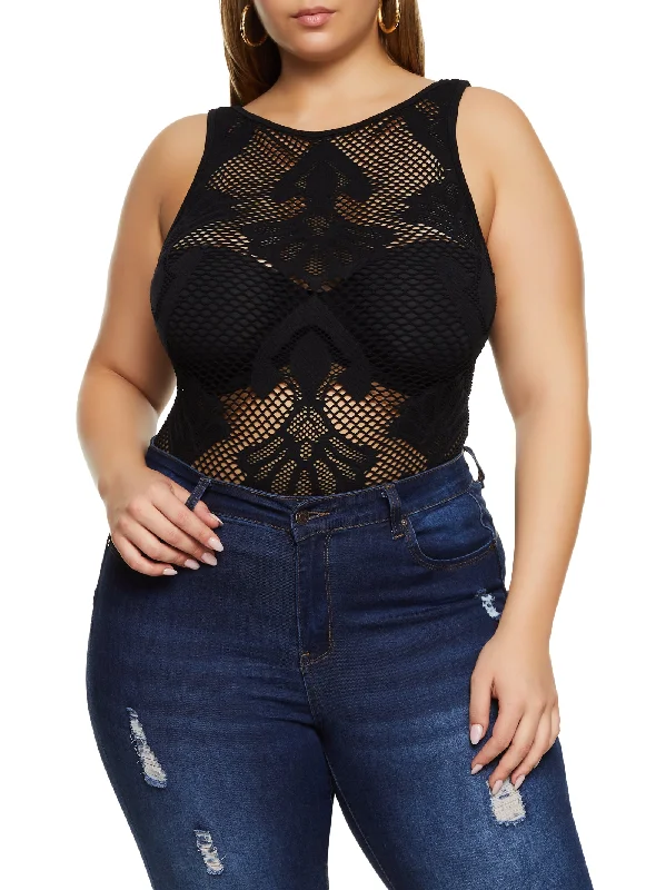 Plus Size Seamless Fishnet Patterned Bodysuit