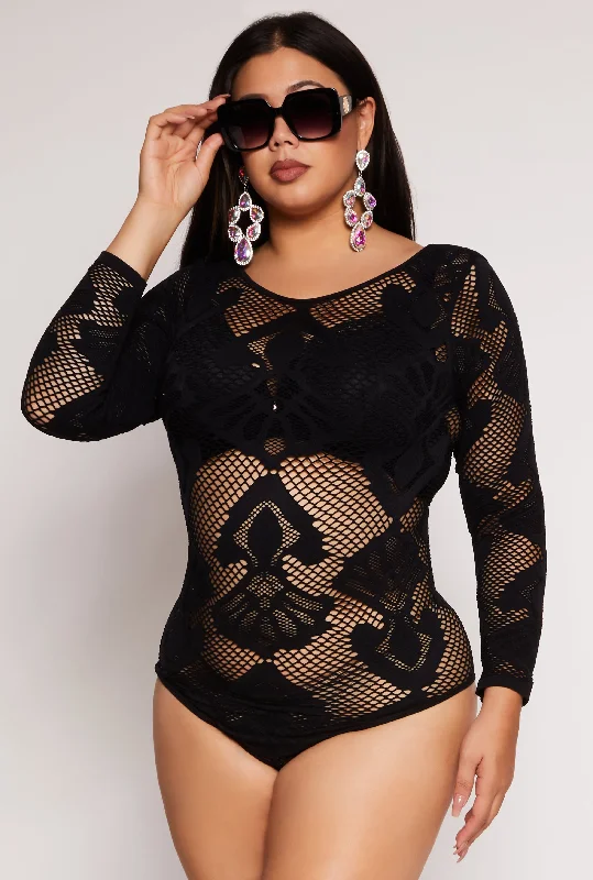 Plus Size Seamless Lace Long Sleeve Bodysuit