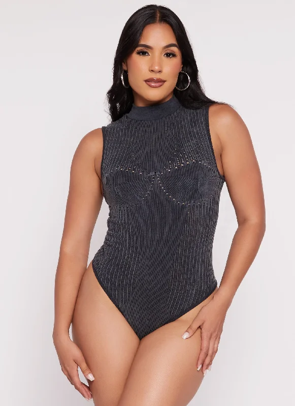 Seamless Ribbed Laser Cut Mock Neck Bodysuit