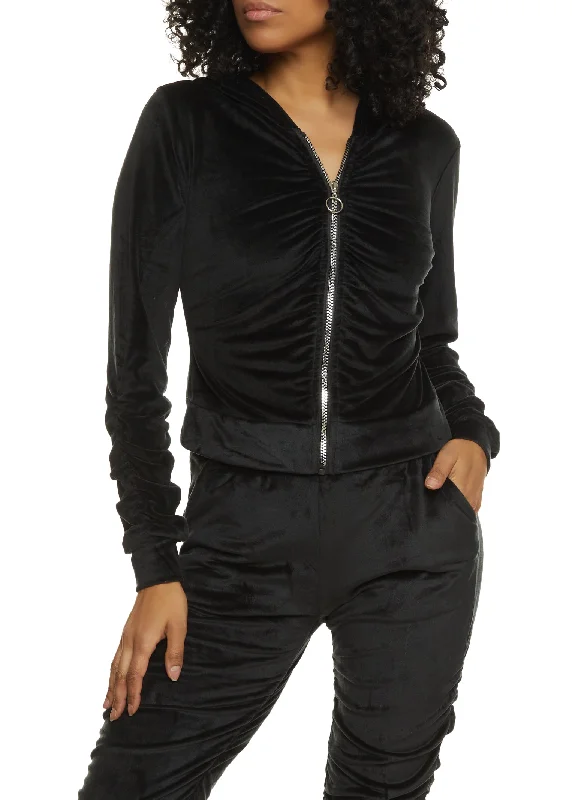 Solid Velour Ruched Zip Front Hoodie