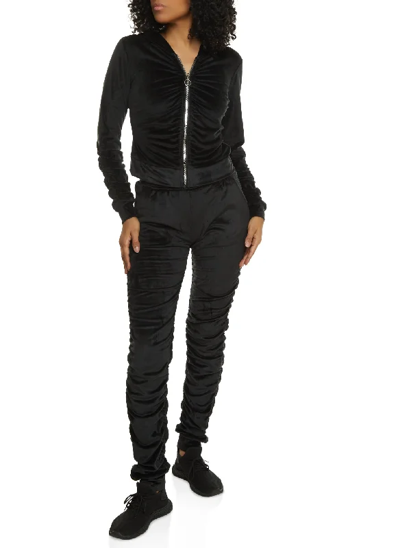 Solid Velour Ruched Zip Front Hoodie