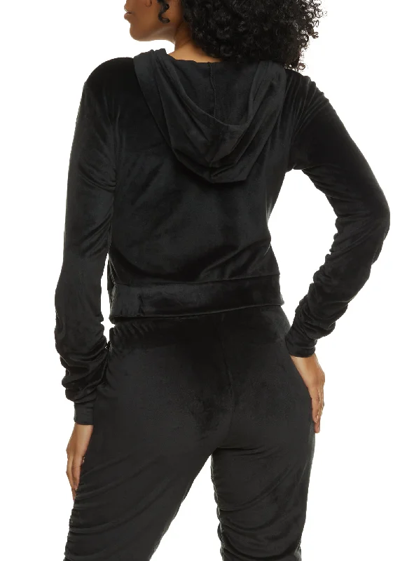 Solid Velour Ruched Zip Front Hoodie