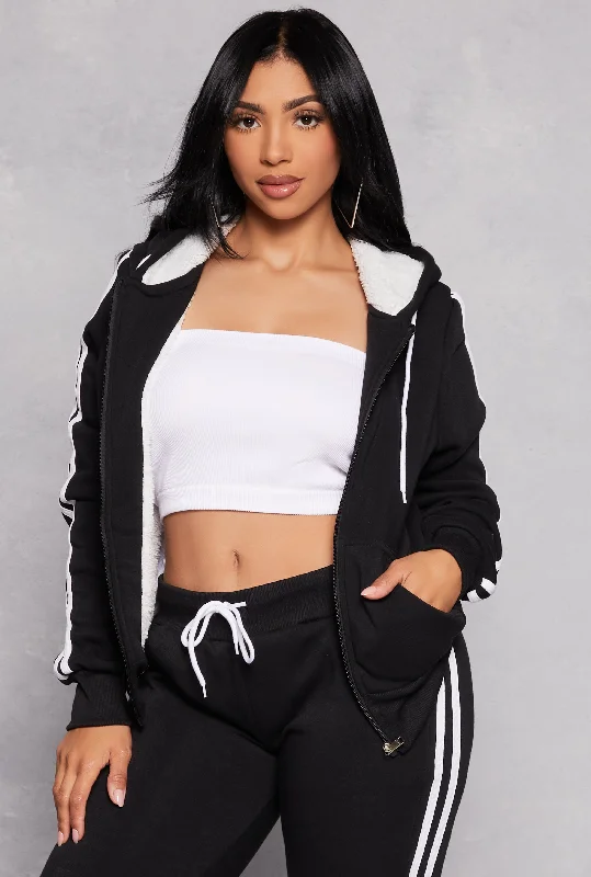 Varsity Stripe Zip Front Sherpa Lined Hoodie