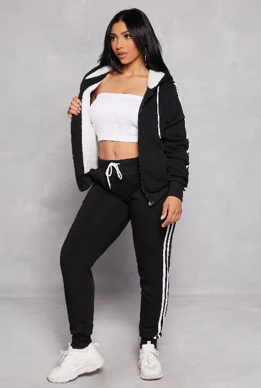 Varsity Stripe Zip Front Sherpa Lined Hoodie