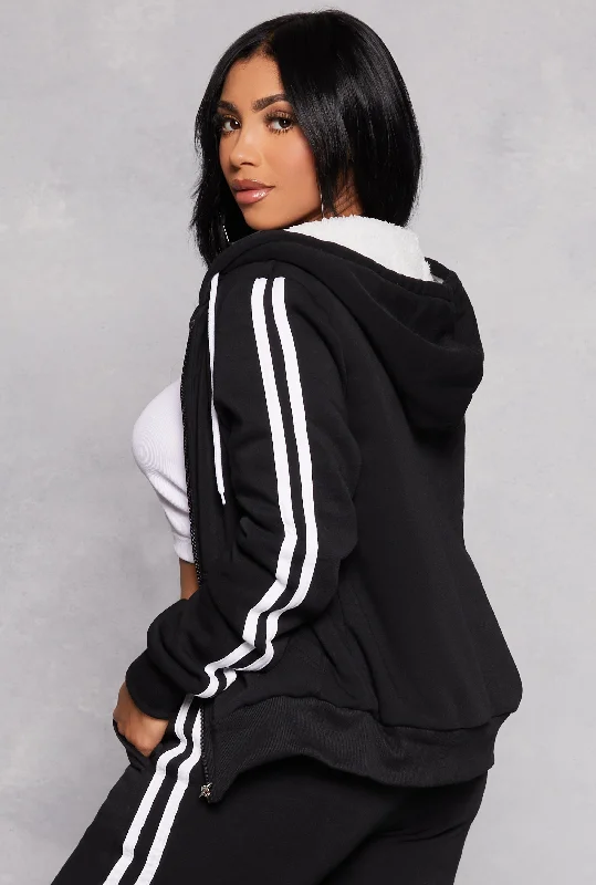 Varsity Stripe Zip Front Sherpa Lined Hoodie