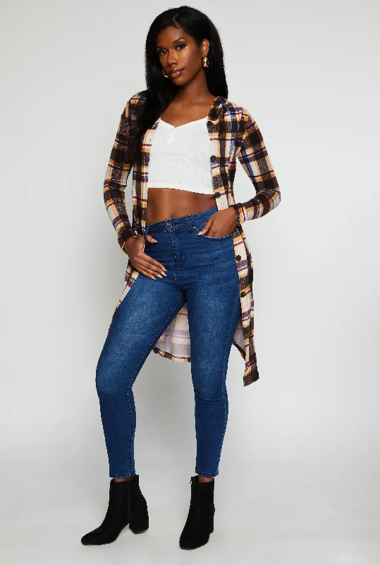 Plaid Hooded Button Front Duster