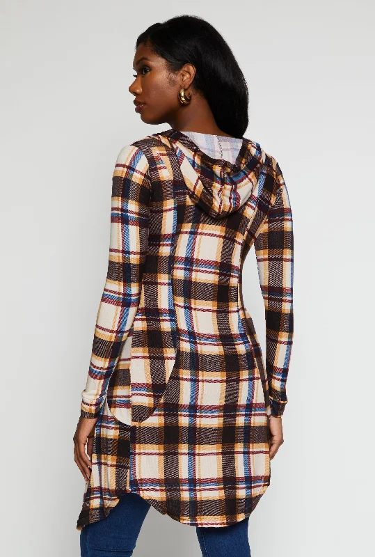 Plaid Hooded Button Front Duster