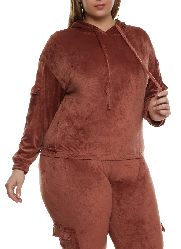 Plus Size Velour Cargo Pocket Sleeve Hoodie