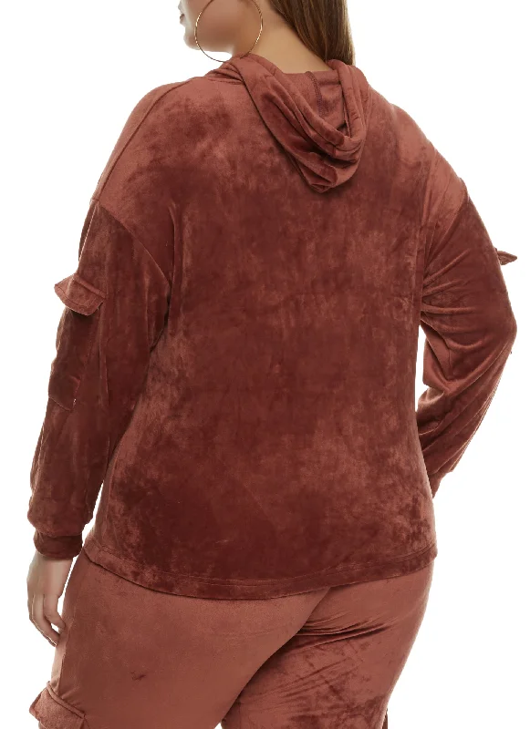 Plus Size Velour Cargo Pocket Sleeve Hoodie