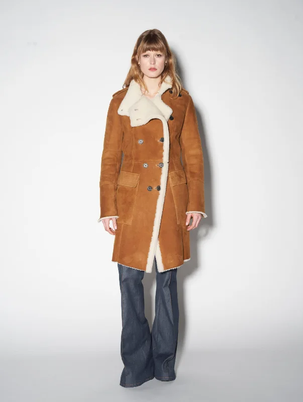 Camel double-breasted shearling coat