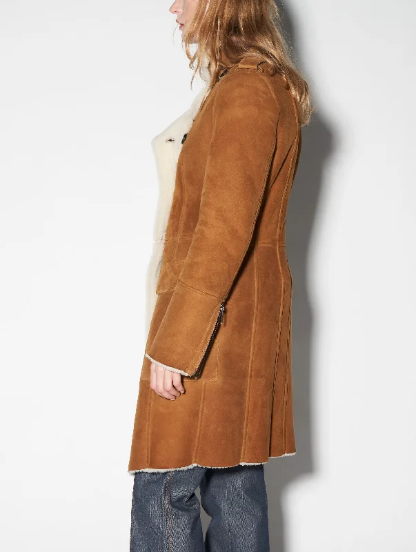 Camel double-breasted shearling coat